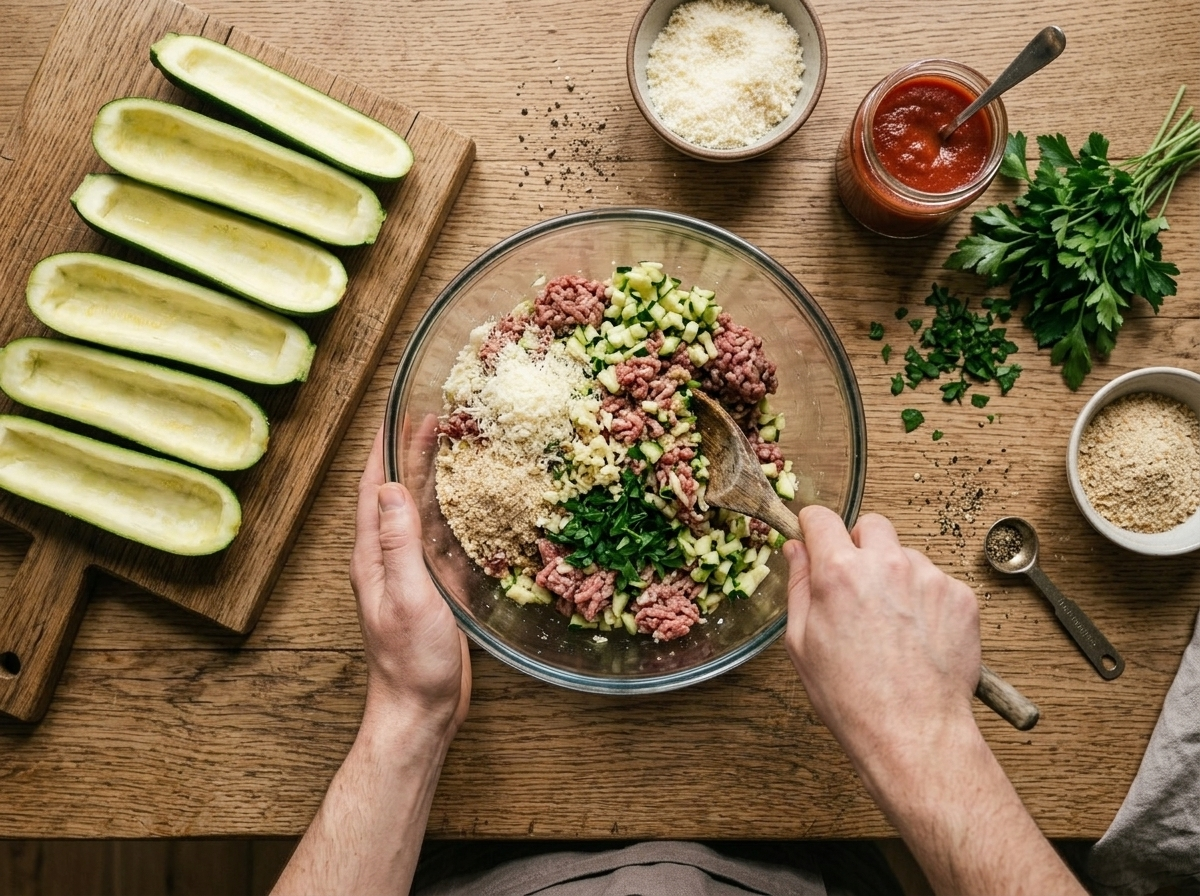 Hands mixing ground beef, chopped zucchini flesh and parmesan filling in a bowl beside hollowed zucchini shells