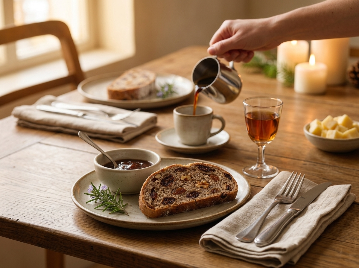 Woman pouring espresso next to a plated slice of Bisciola Valtellinese on a linen napkin with holiday candles nearby