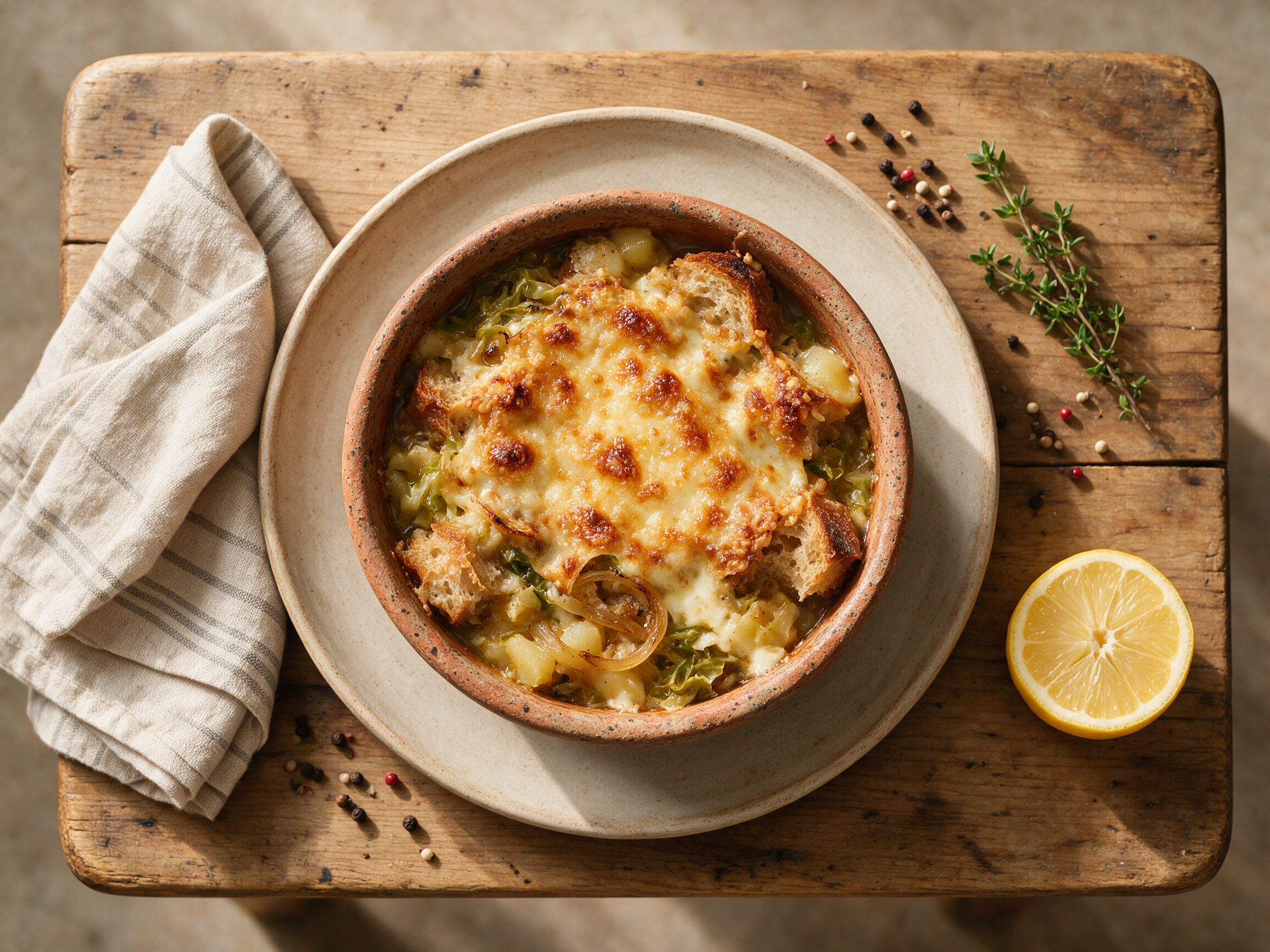 Bowl of pancotto della Valtellina with a golden broiled cheese top and visible bread pieces on a wooden table