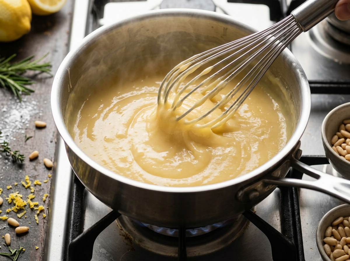Lemon custard thickening in a saucepan while being whisked for Torta della Nonna filling on the stovetop