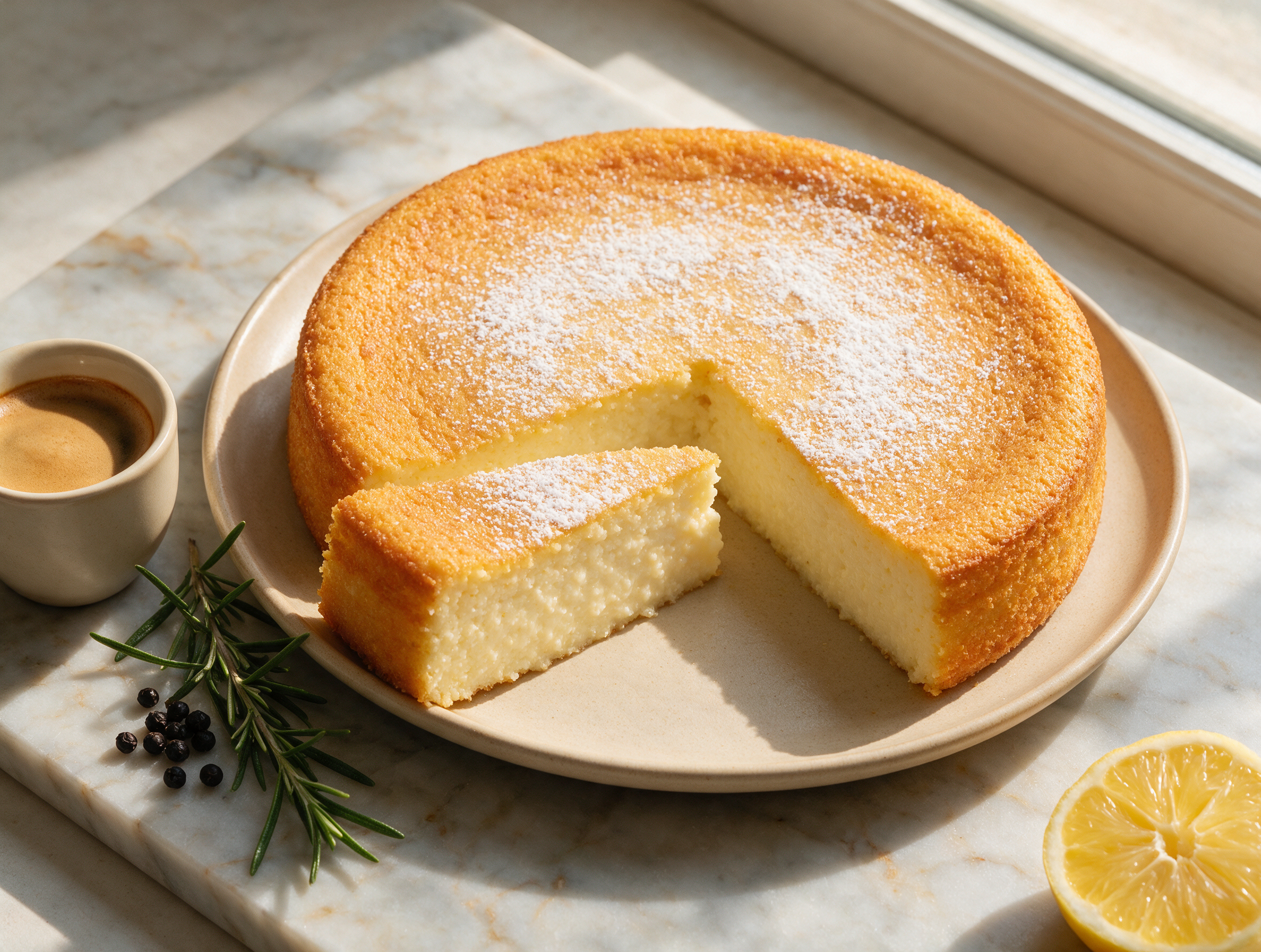 Golden migliaccio napoletano dusted with powdered sugar, wedge cut open on a marble board.
