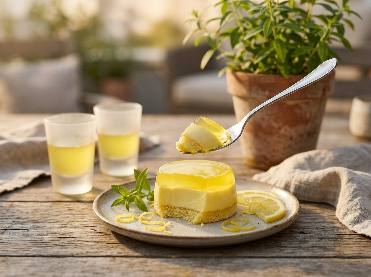 Two frosted glasses of homemade limoncello served outdoors with lemon slices and a linen napkin at golden hour