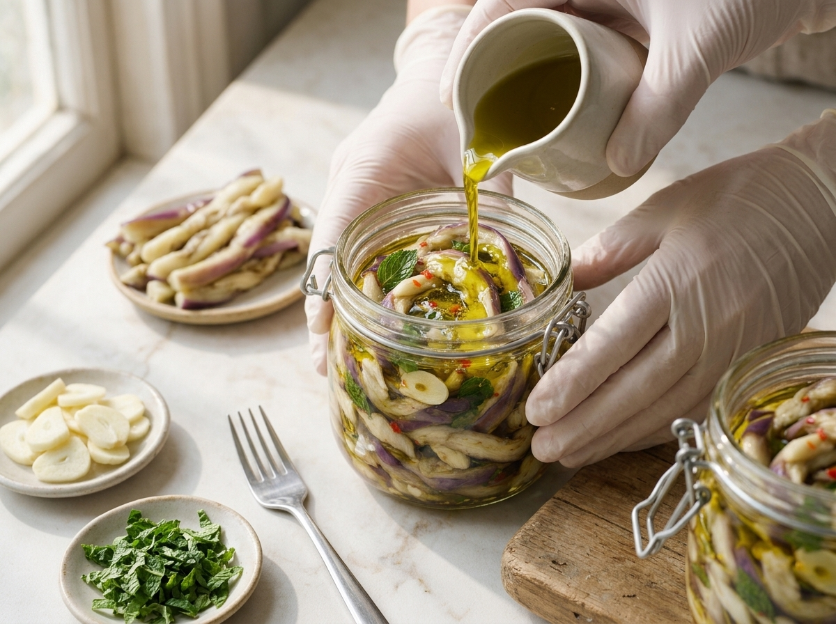 Hands layering boiled eggplant strips into a glass jar with sliced garlic and mint before pouring in olive oil over a marble counter