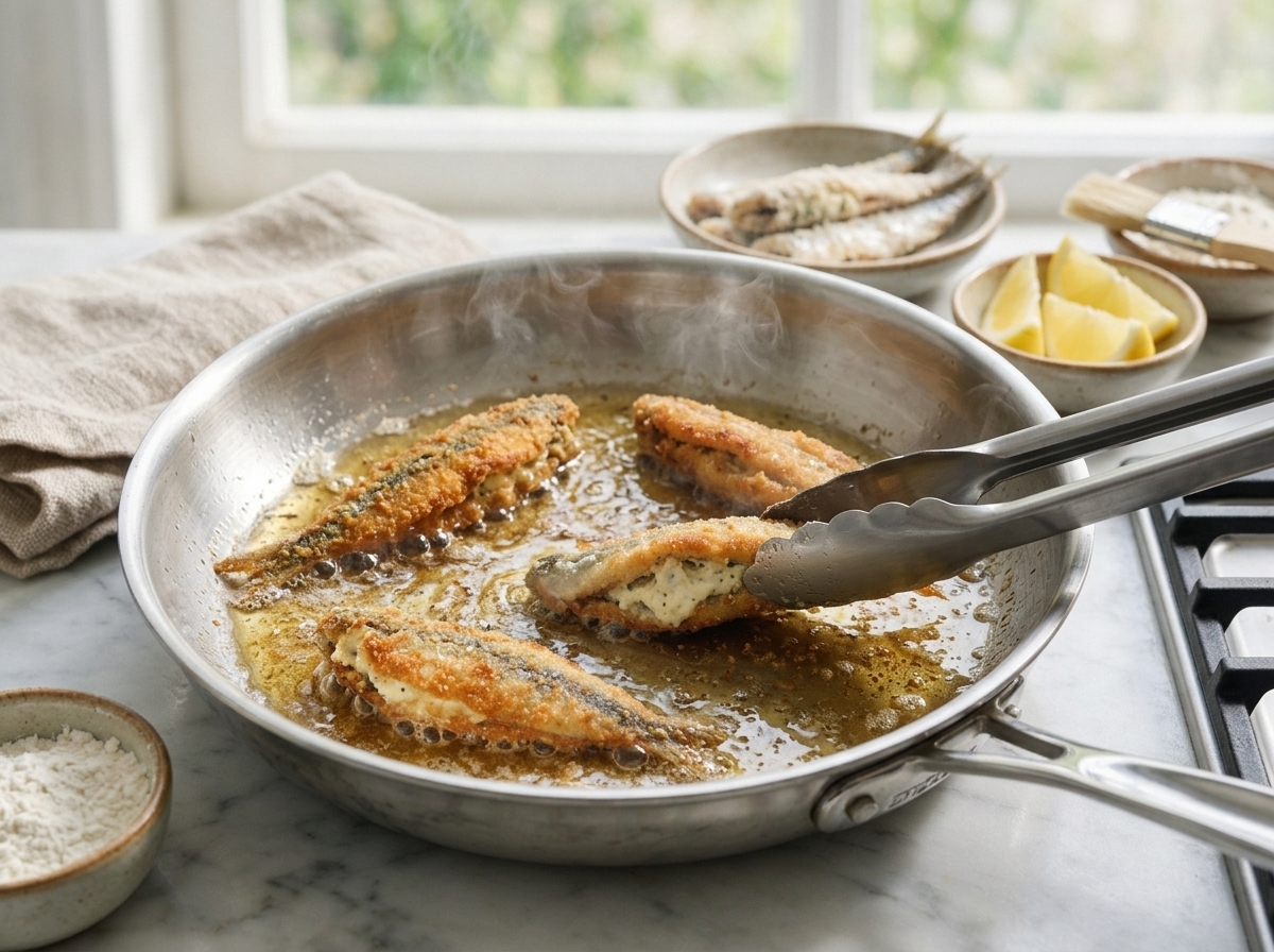 Stuffed anchovies frying in shallow oil in a steel skillet, tongs turning one piece as the flour crust turns golden