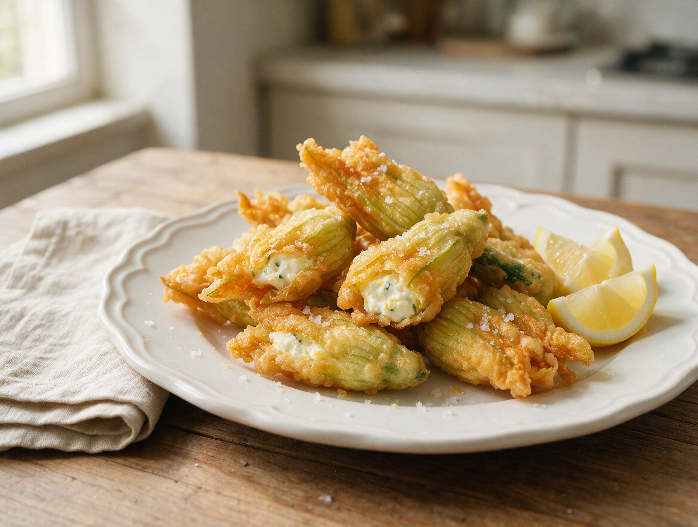Golden fried zucchini blossoms stuffed with ricotta piled on a white plate with lemon wedges and flaky salt.