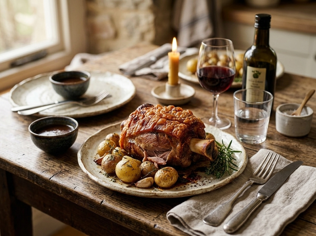 Plated stinco di maiale al forno with polenta, roasted potatoes and a glass of red wine on linen