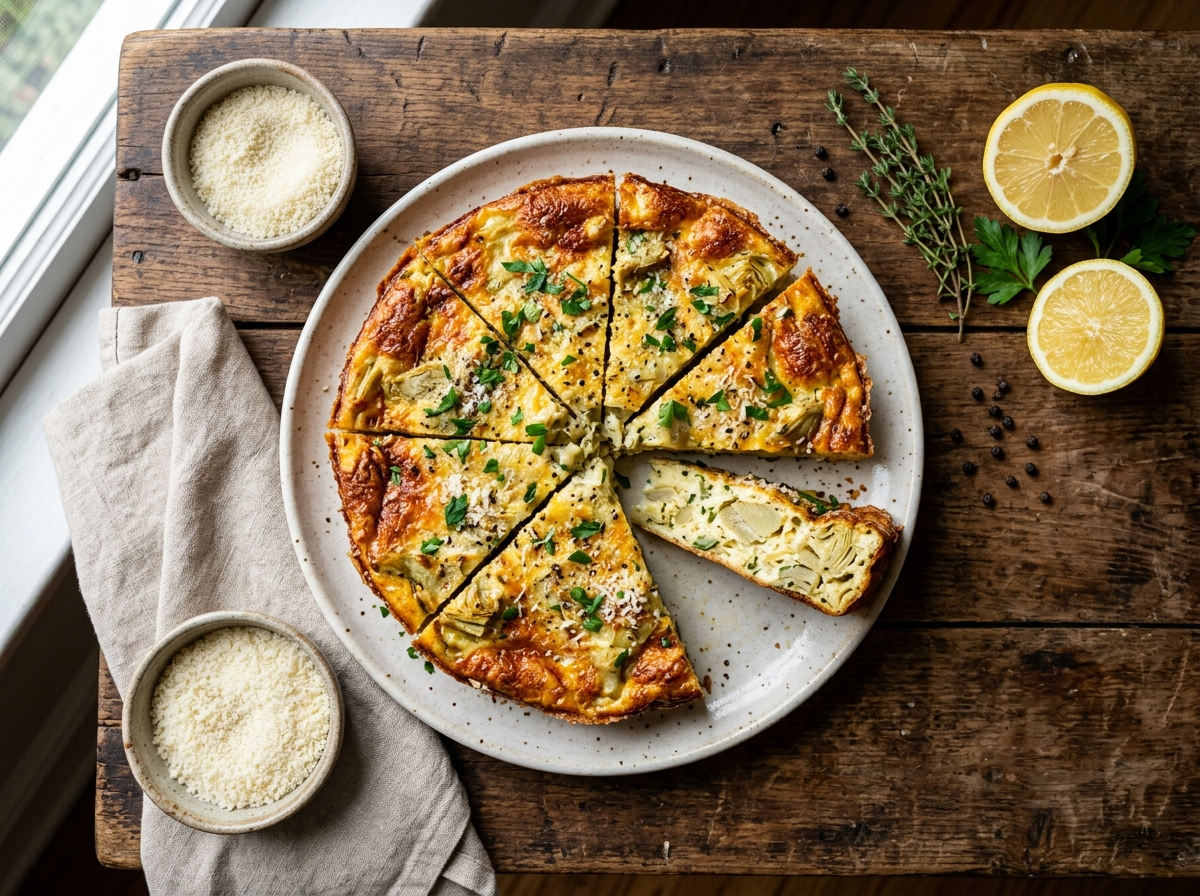 Sliced tortino di carciofi on a wooden board showing golden parmesan crust and tender artichoke pieces inside