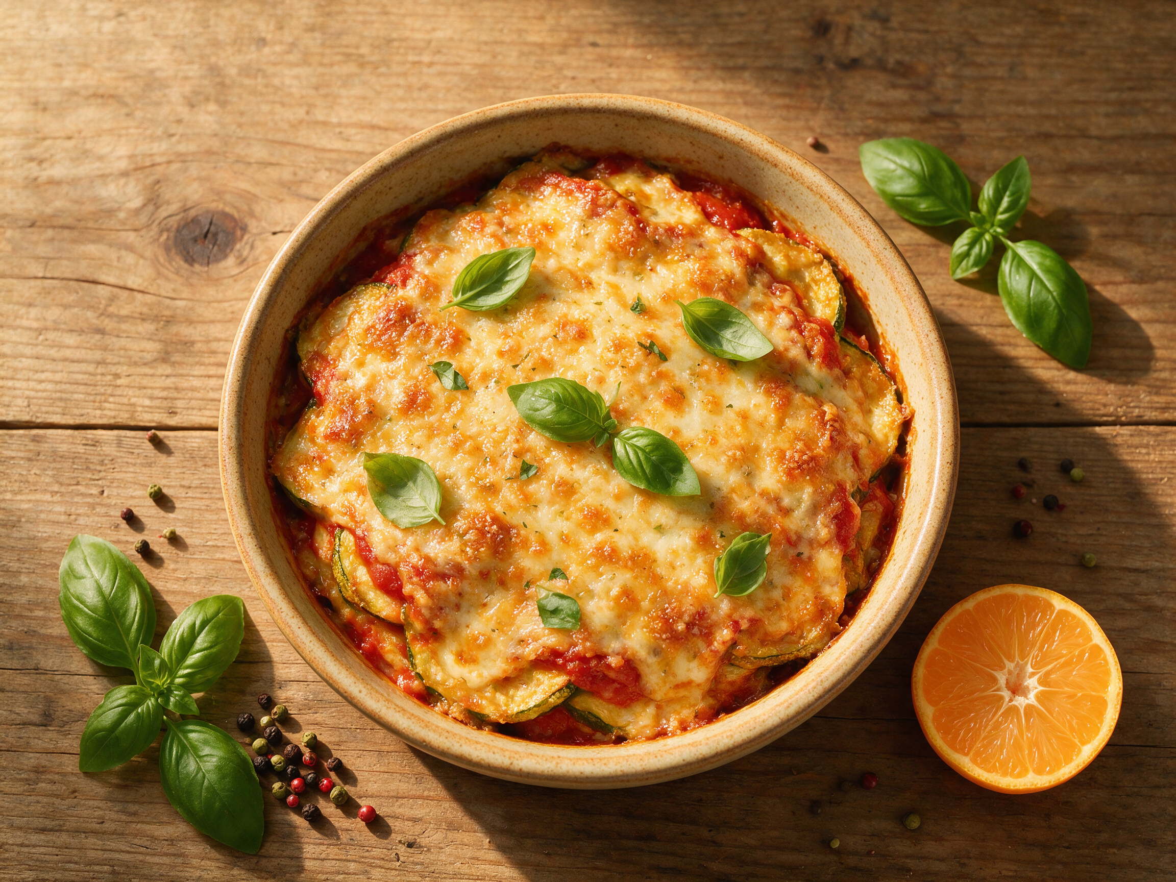 Golden baked zucchini parmigiana in a ceramic dish, cheese pulling apart, basil scattered on top.
