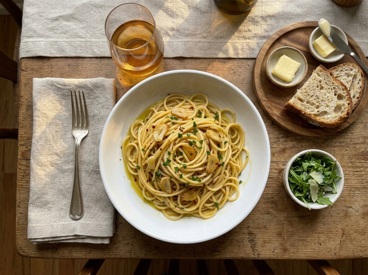Plated spaghetti aglio e olio on a linen napkin with a glass of white wine and crusty bread nearby