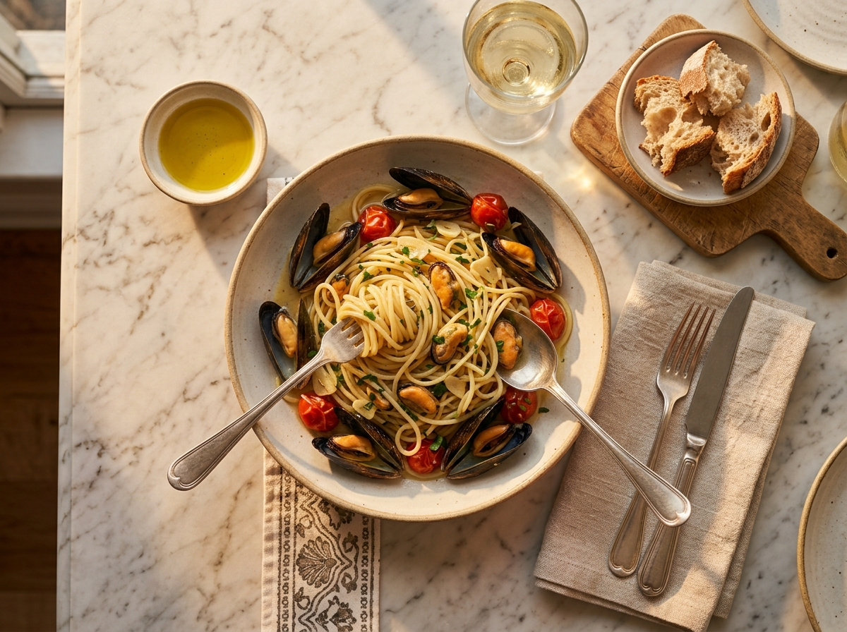 Hands twirling spaghetti alle cozze at a marble table with chilled white wine, torn bread, and a linen napkin nearby