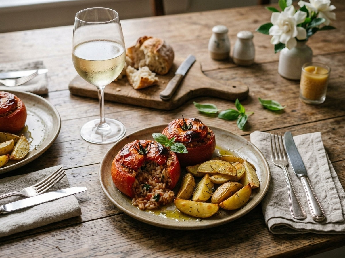 Rustic table setting with baked pomodori ripieni di riso, crusty bread, linen napkin and a glass of white wine