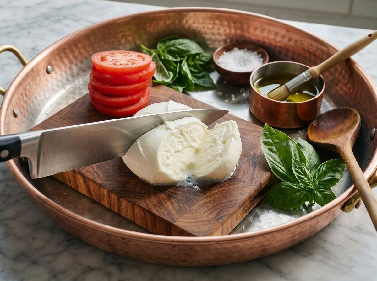 Hands slicing a ball of buffalo mozzarella on a wooden board next to sliced tomatoes and fresh basil