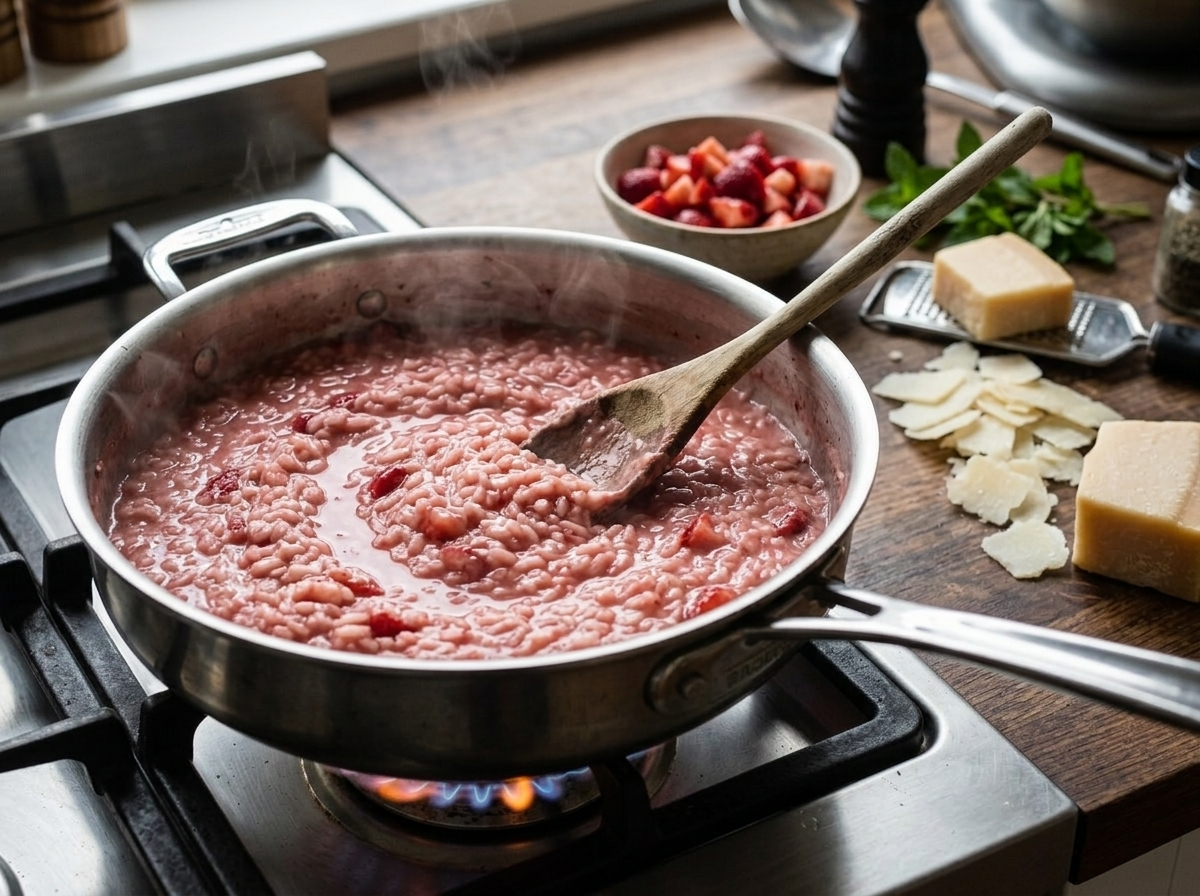 Wooden spoon stirring pink strawberry risotto with visible rice grains and berry pieces in a stainless steel pan