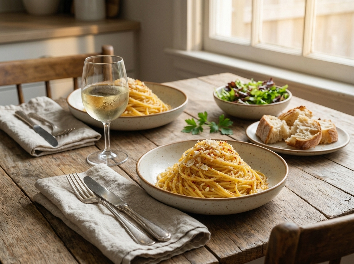 Two bowls of pasta alla carrettiera on a linen tablecloth with a glass of white wine and crusty bread nearby