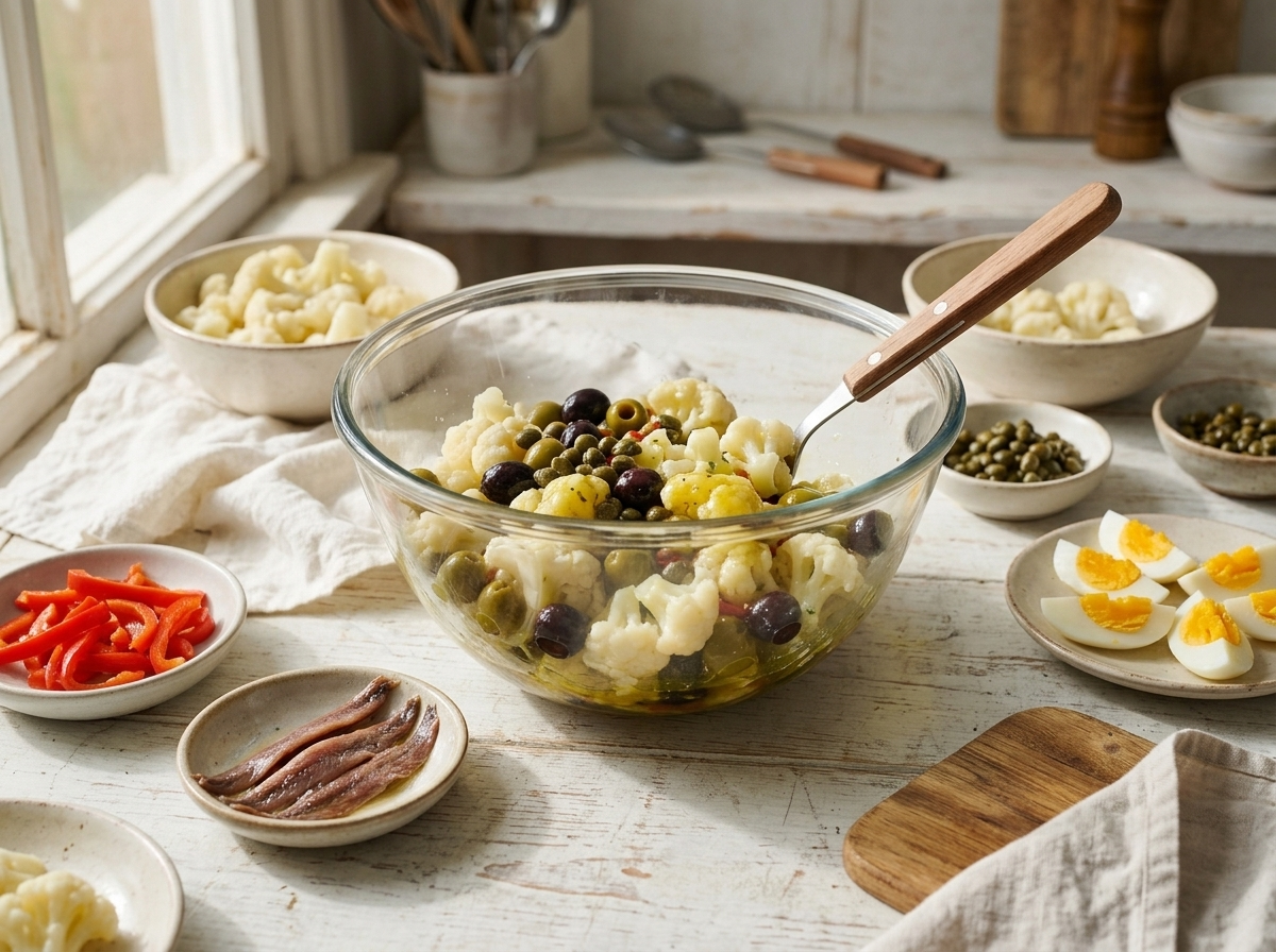 Close-up of hands tossing warm boiled cauliflower with olives and capers in a large glass bowl, dressing coating the florets