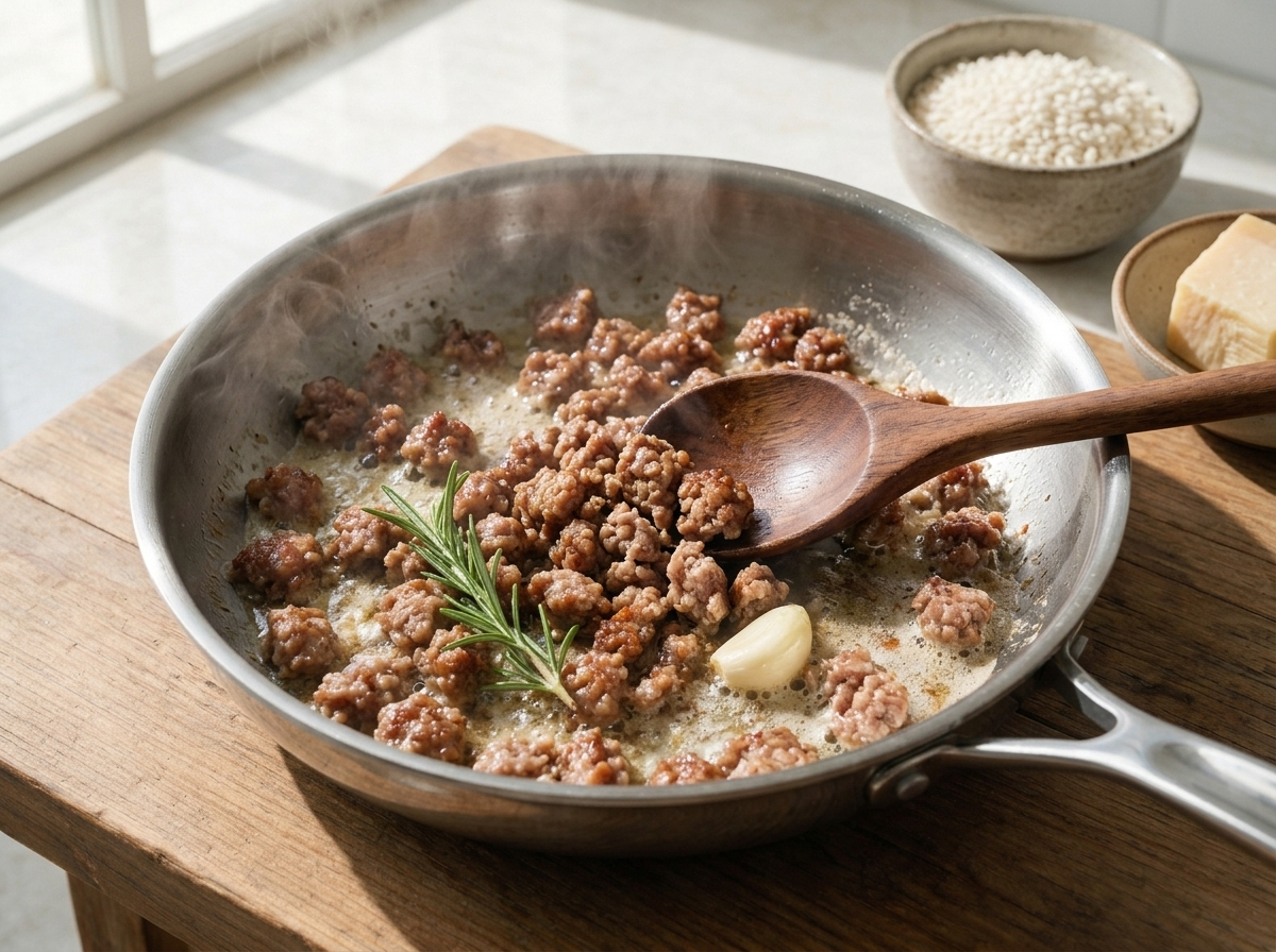 Crumbled pork sausage browning in a skillet with butter, garlic, and a rosemary sprig, wooden spoon breaking up the meat