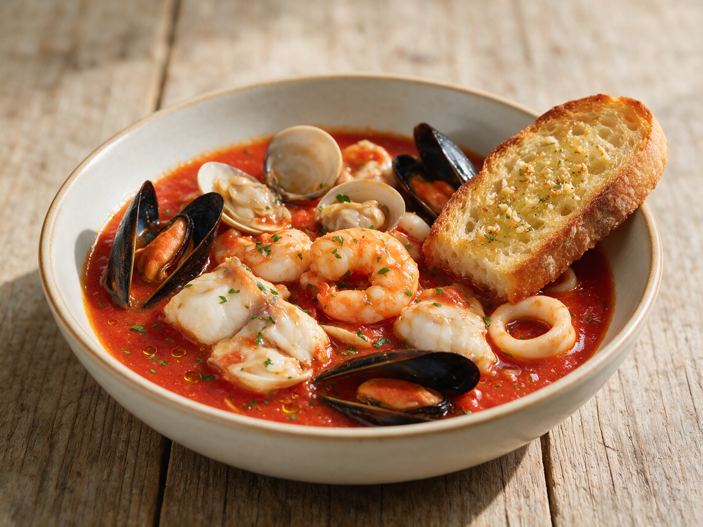 Overhead shot of brodetto di pesce with open mussel and clam shells, pink shrimp, and garlic toast in a shallow bowl