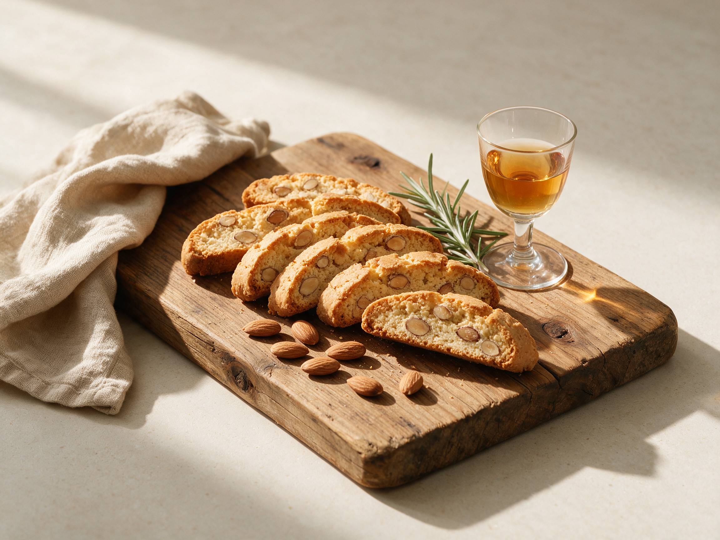 Sliced almond cantucci fanned on a wooden board next to a small glass of amber Vin Santo, warm afternoon light