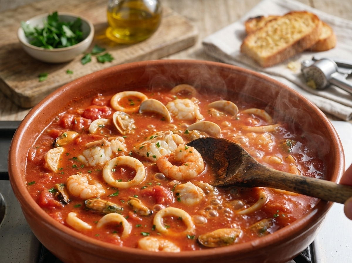 Cuttlefish rings and mussels simmering in a tomato-vinegar broth in a wide shallow pan, steam rising off the surface
