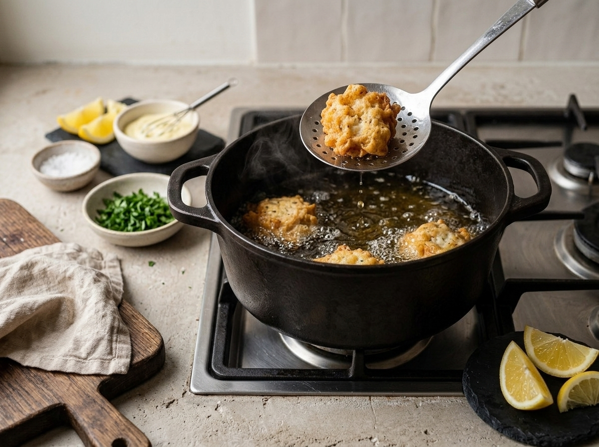 Frittelle di baccalà frying in bubbling oil, a slotted spoon lifting one golden fritter from the pot
