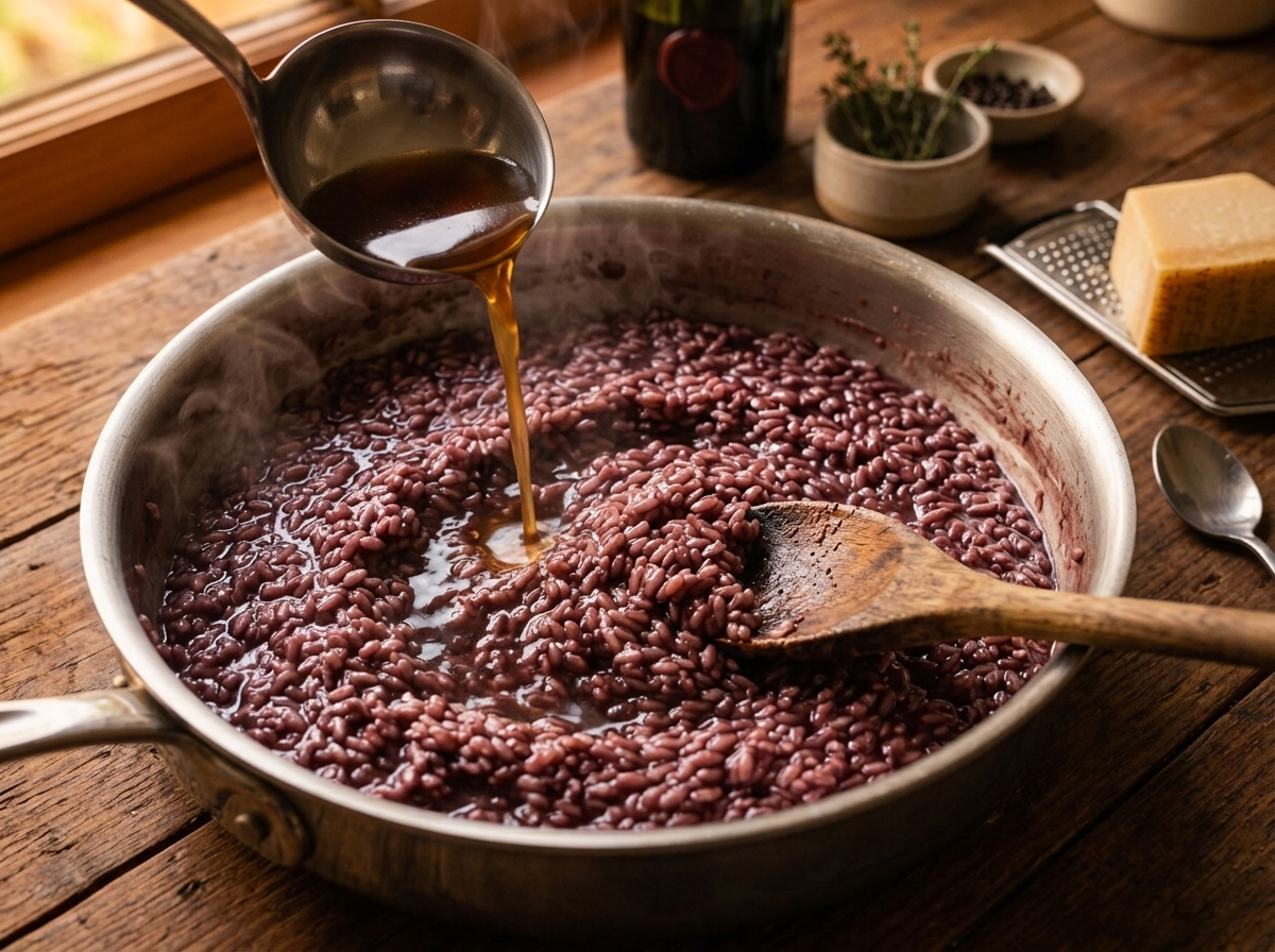 A wooden spoon stirs deep purple risotto in a steel pan while a ladle pours hot stock in from above.