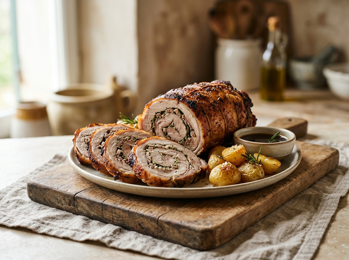 Sliced coniglio in porchetta on a wooden board showing the pancetta and herb spiral with roasted potatoes on the side