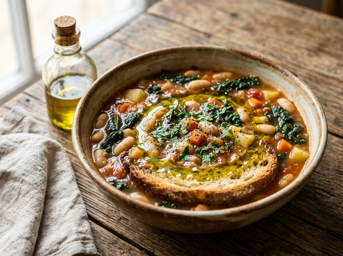Bowl of zuppa frantoiana toscana with cannellini beans, cavolo nero, and toasted bread drizzled with fresh olive oil