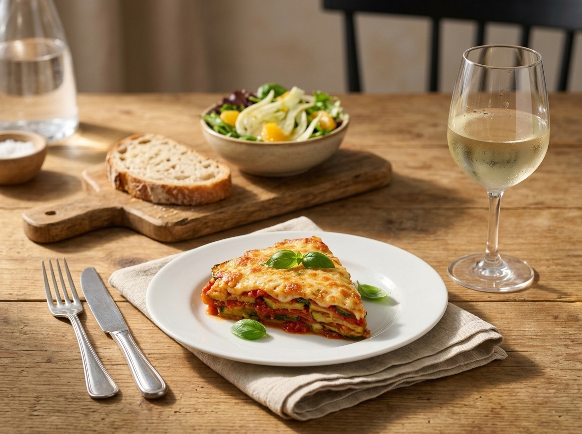 A wooden table set with a slice of zucchini parmigiana, linen napkin, and a glass of white wine nearby.