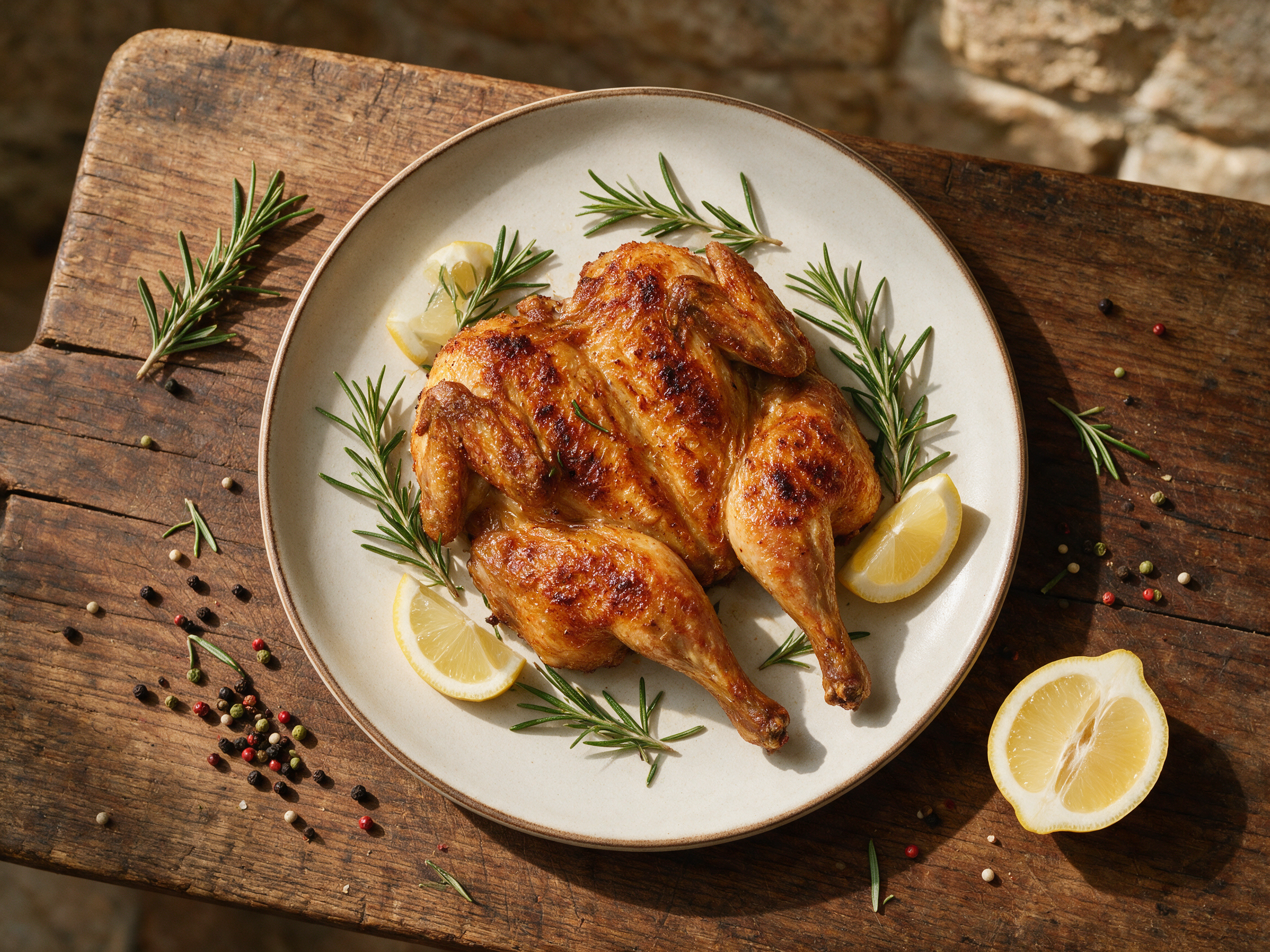 Golden, crackling-skinned galletto al mattone rests on a wooden board with lemon wedges and rosemary, deep gold color visible.