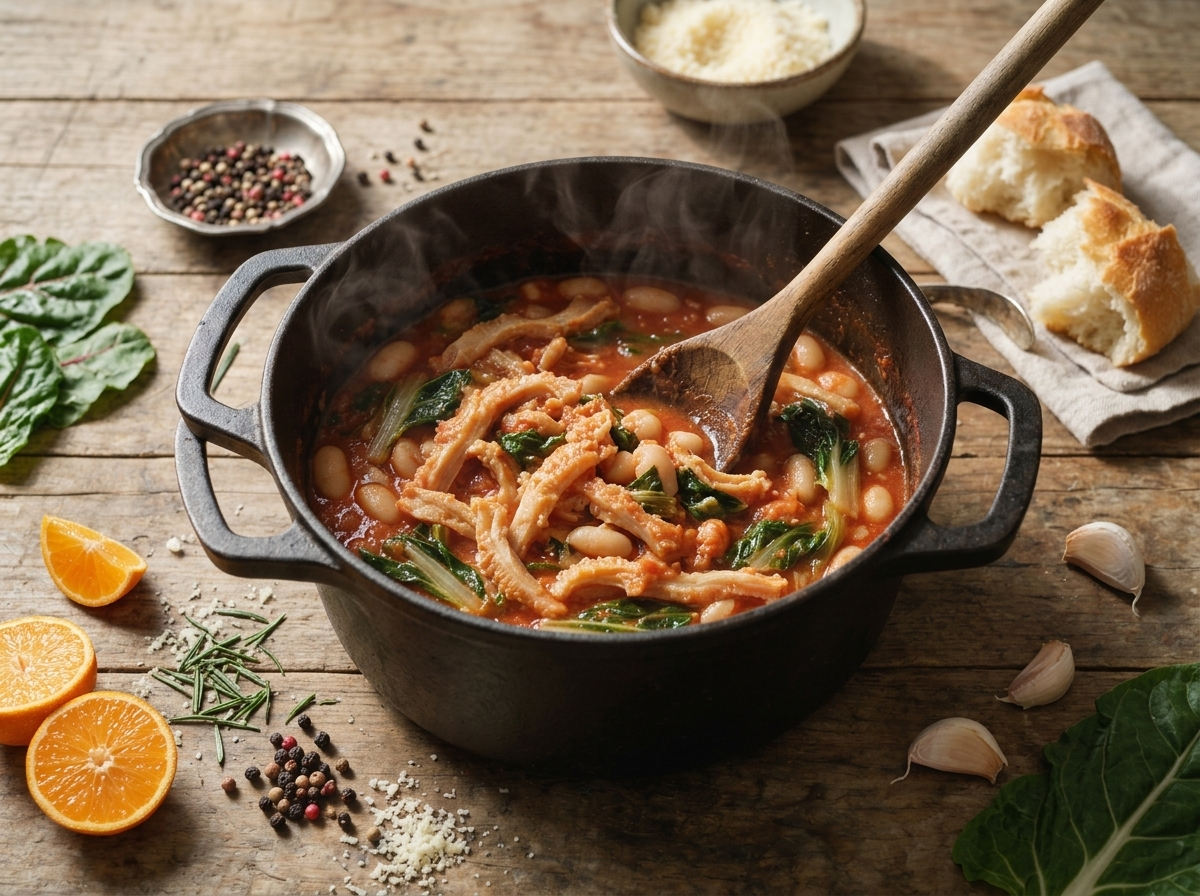 Wooden spoon stirring simmering trippa alla Valtellinese in a Dutch oven, tripe and tomato broth bubbling.