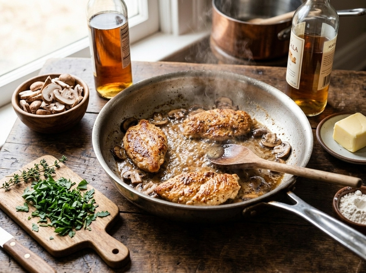 Chicken cutlets searing golden in a skillet with butter while making Pollo al Marsala sauce