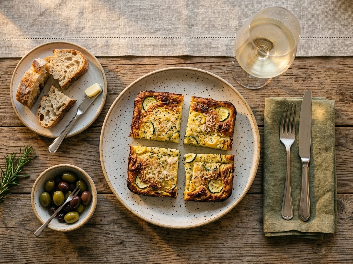 Plated scarpaccia di zucchine squares served with a glass of white wine and olives on a linen-topped table