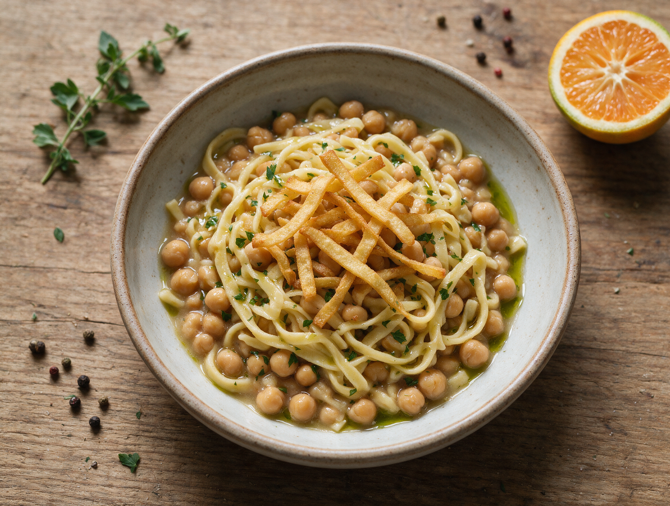 Rustic ceramic bowl of ciceri e tria showing golden fried pasta strips scattered over a chickpea stew with parsley on top.
