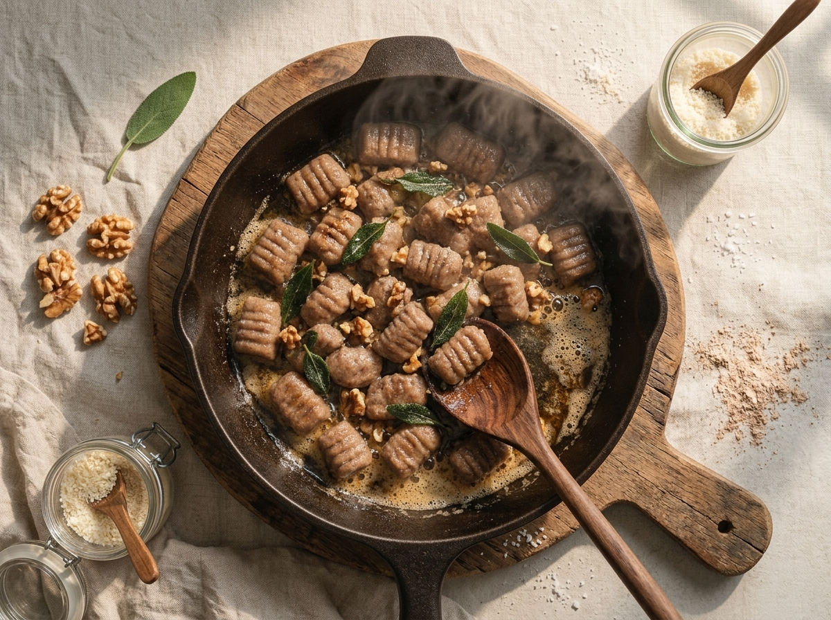 Wooden spoon tossing just-boiled chestnut flour gnocchi through foaming brown butter and sage in a dark skillet