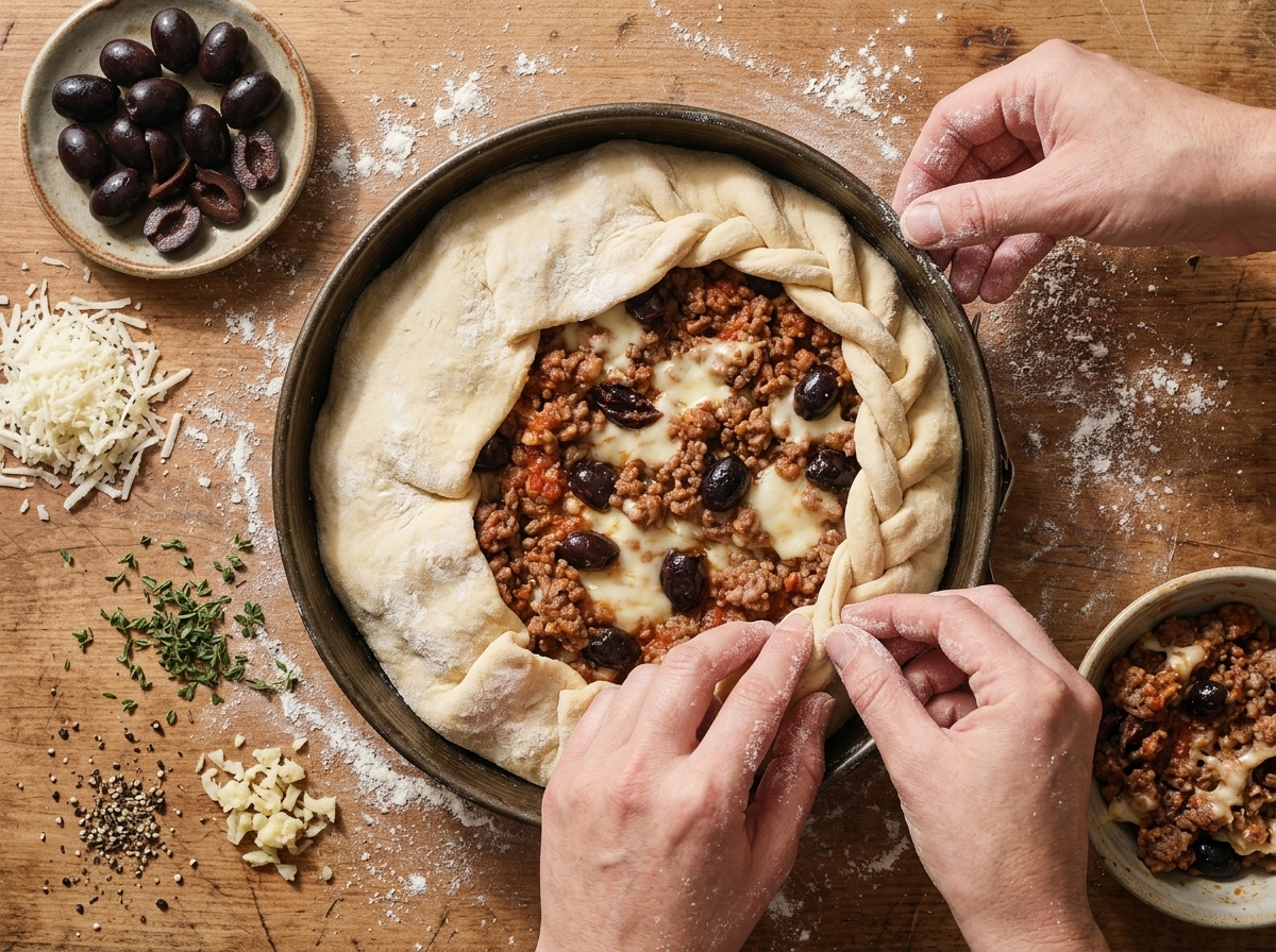 Hands crimping the edges of raw dough over a tomato and sausage filling in a springform pan before baking.