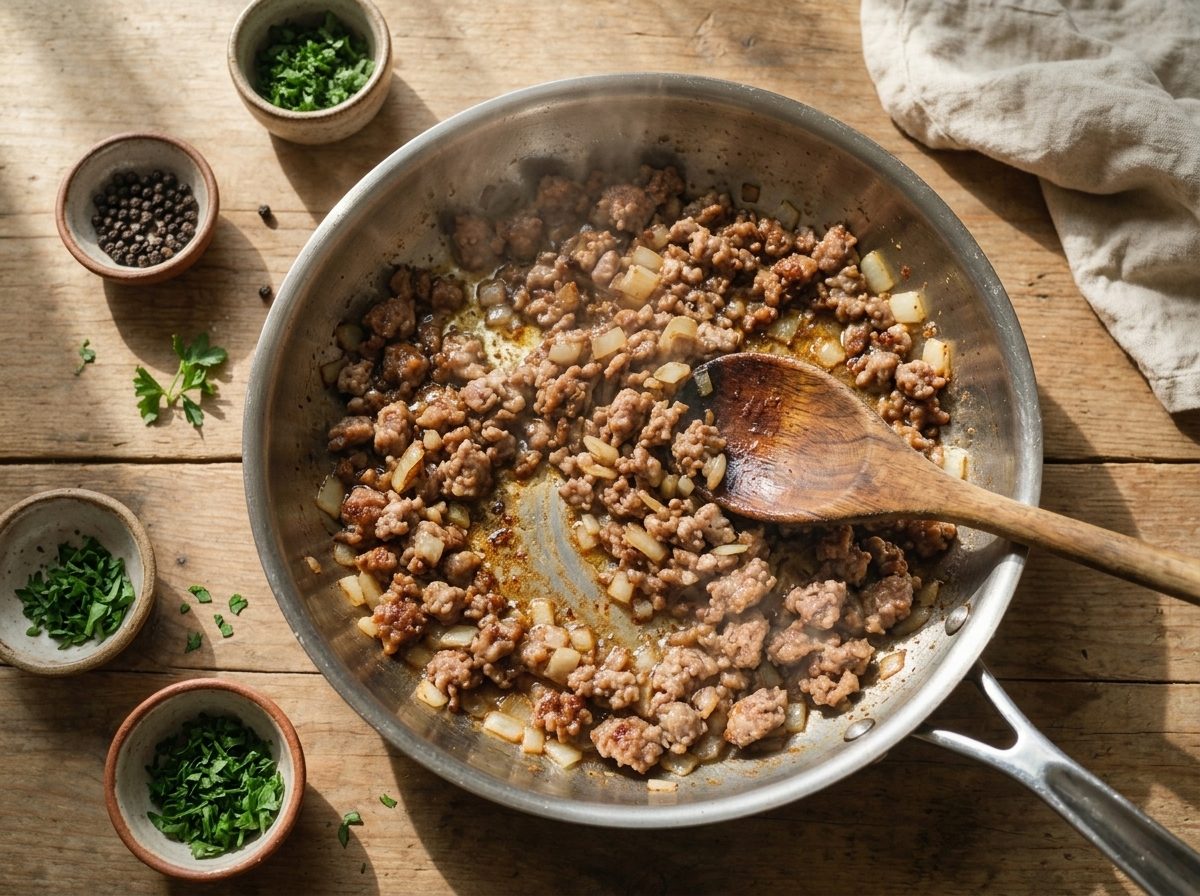 Crumbled Italian sausage and diced onion browning in a stainless skillet, wooden spoon stirring through rendered fat.