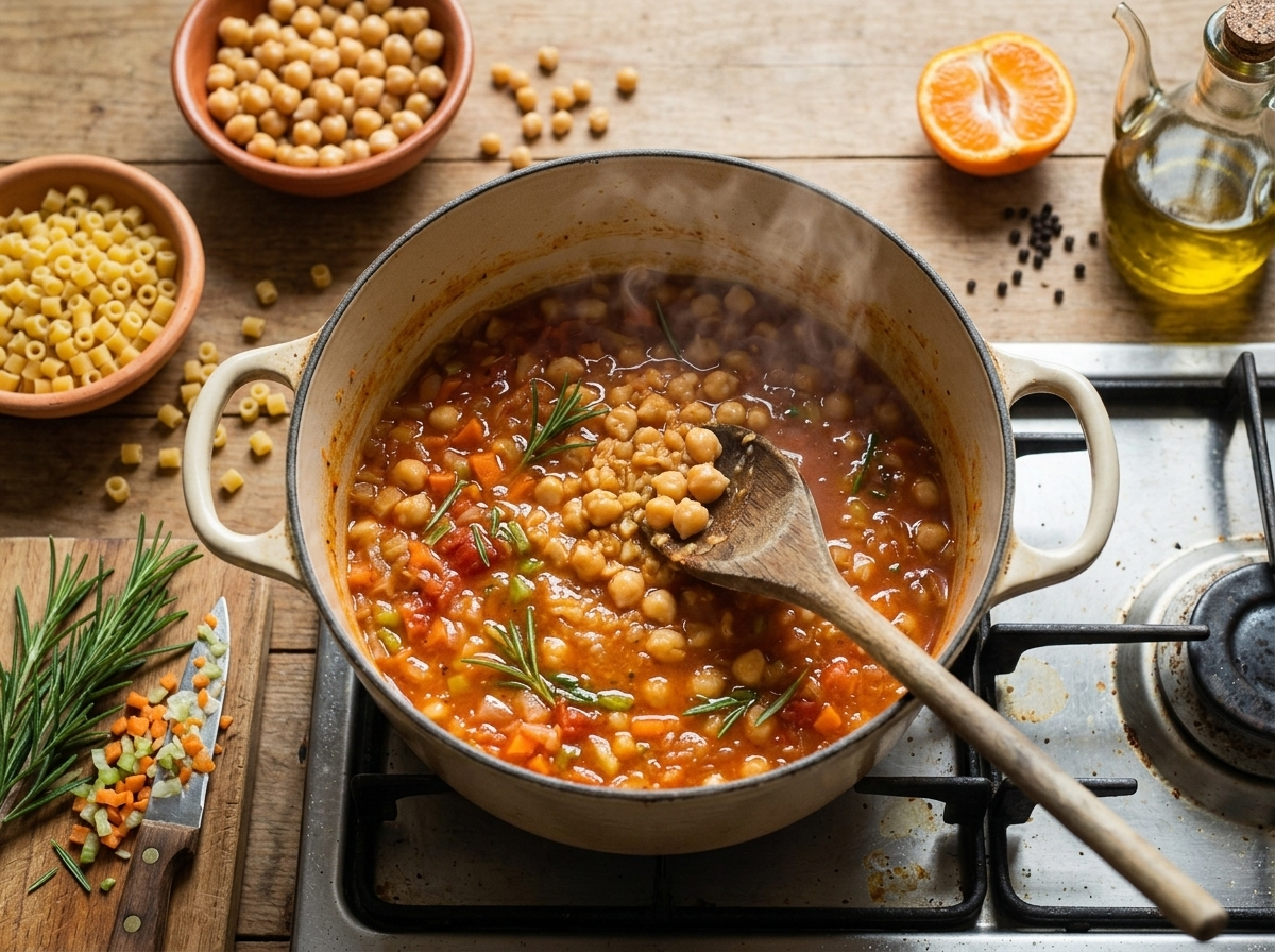 Wooden spoon mashing chickpeas against the side of a Dutch oven with soffritto and tomato paste simmering underneath.