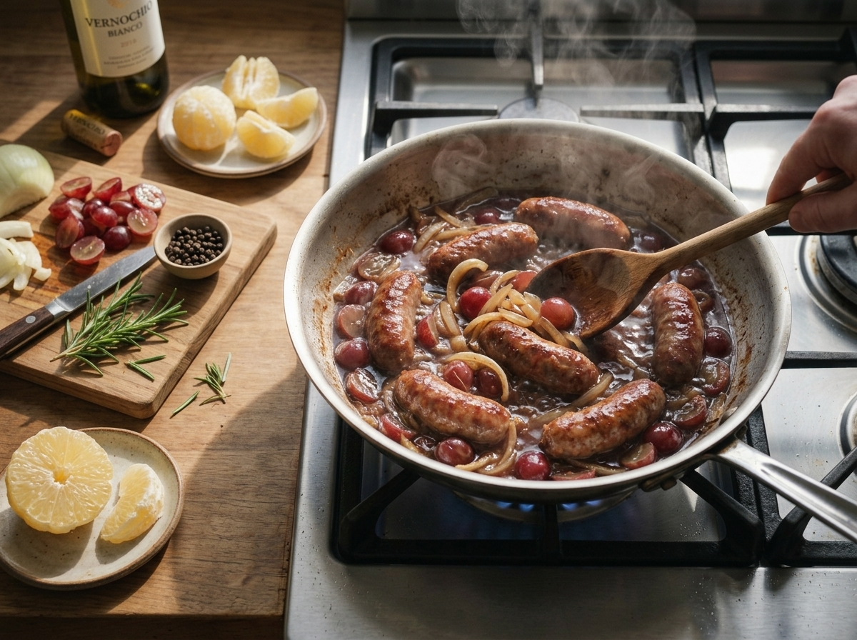Halved red grapes and sliced onion simmering in white wine around browned sausages in a stainless skillet.