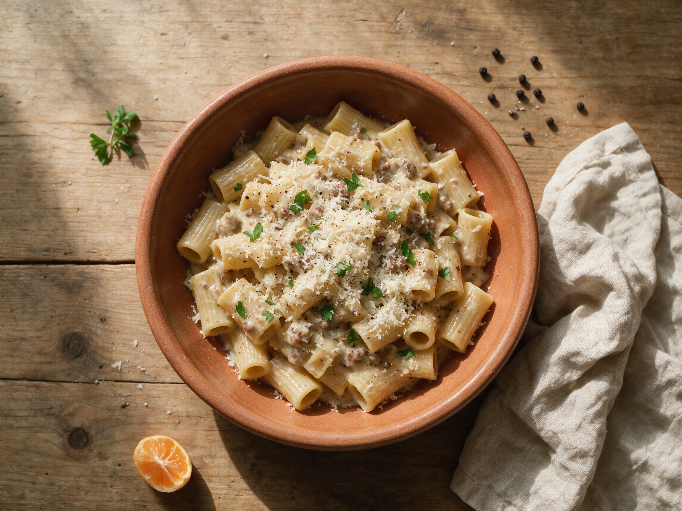 Bowl of Pasta alla Norcina with creamy sausage sauce, grated pecorino, and cracked pepper on a wooden table.