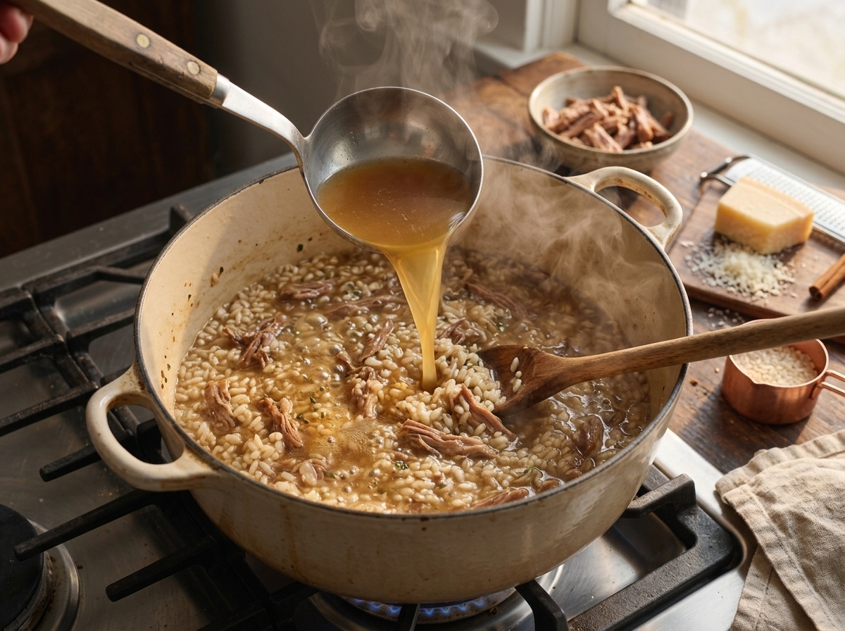 Wooden spoon stirring Vialone Nano rice and shredded pork in a Dutch oven as hot broth is ladled in