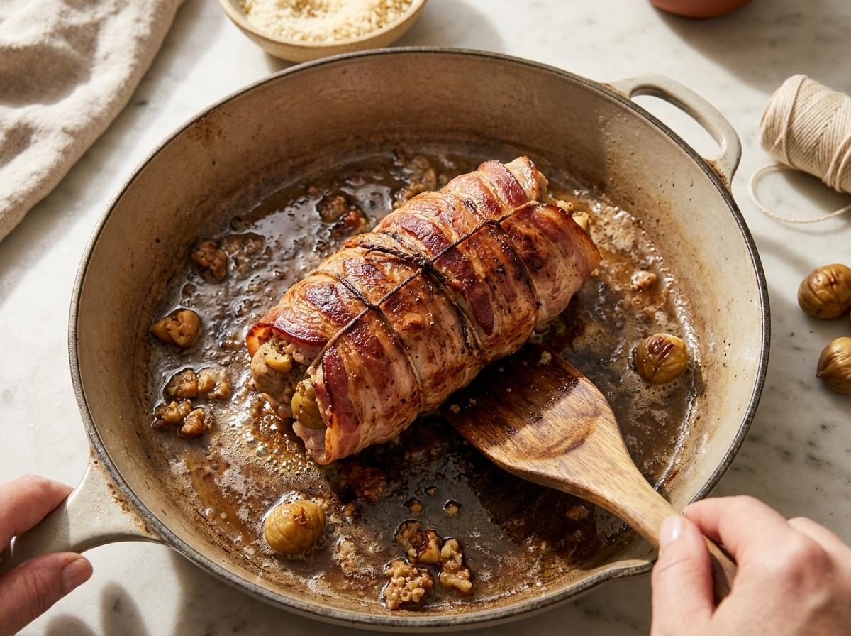 Hands rolling a raw butterflied turkey breast around sausage and chestnut filling on a marble counter, kitchen twine mid-tie