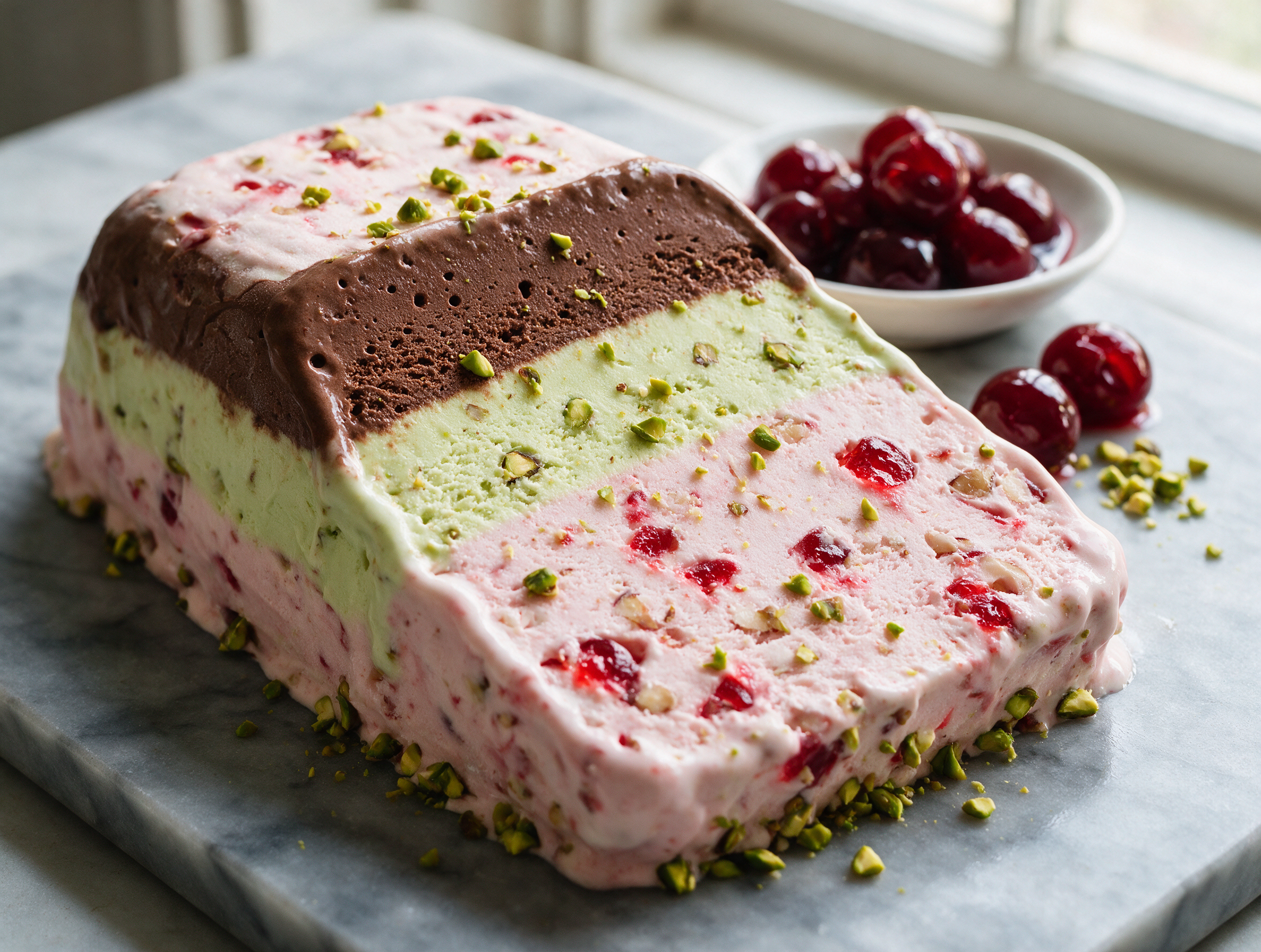 Sliced loaf of spumone napoletano on a marble board showing chocolate, pistachio, and cherry-nut stripes under soft light.