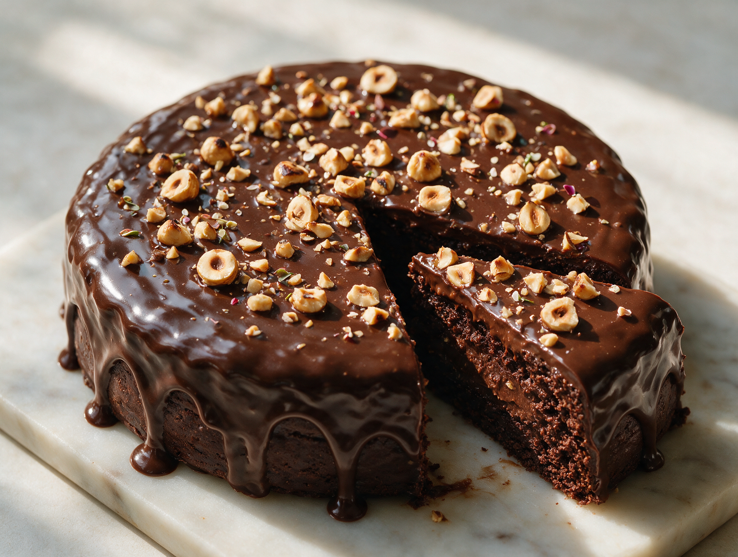 Whole torta gianduia on a marble board with glossy chocolate hazelnut glaze and one slice cut to show the fudgy crumb