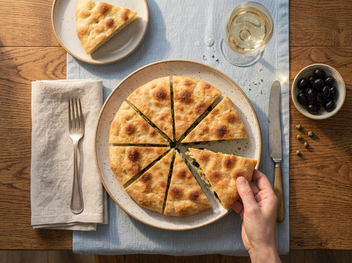 A rustic kitchen table set with warm cudduruni slices, a glass of white wine and a linen napkin in afternoon light.