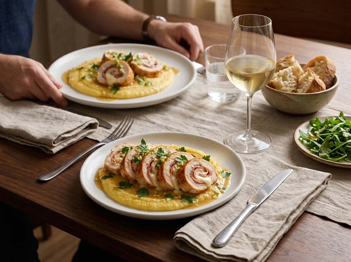 Plates of sliced chicken rolls over polenta on a linen-covered table beside a glass of white wine in warm evening light