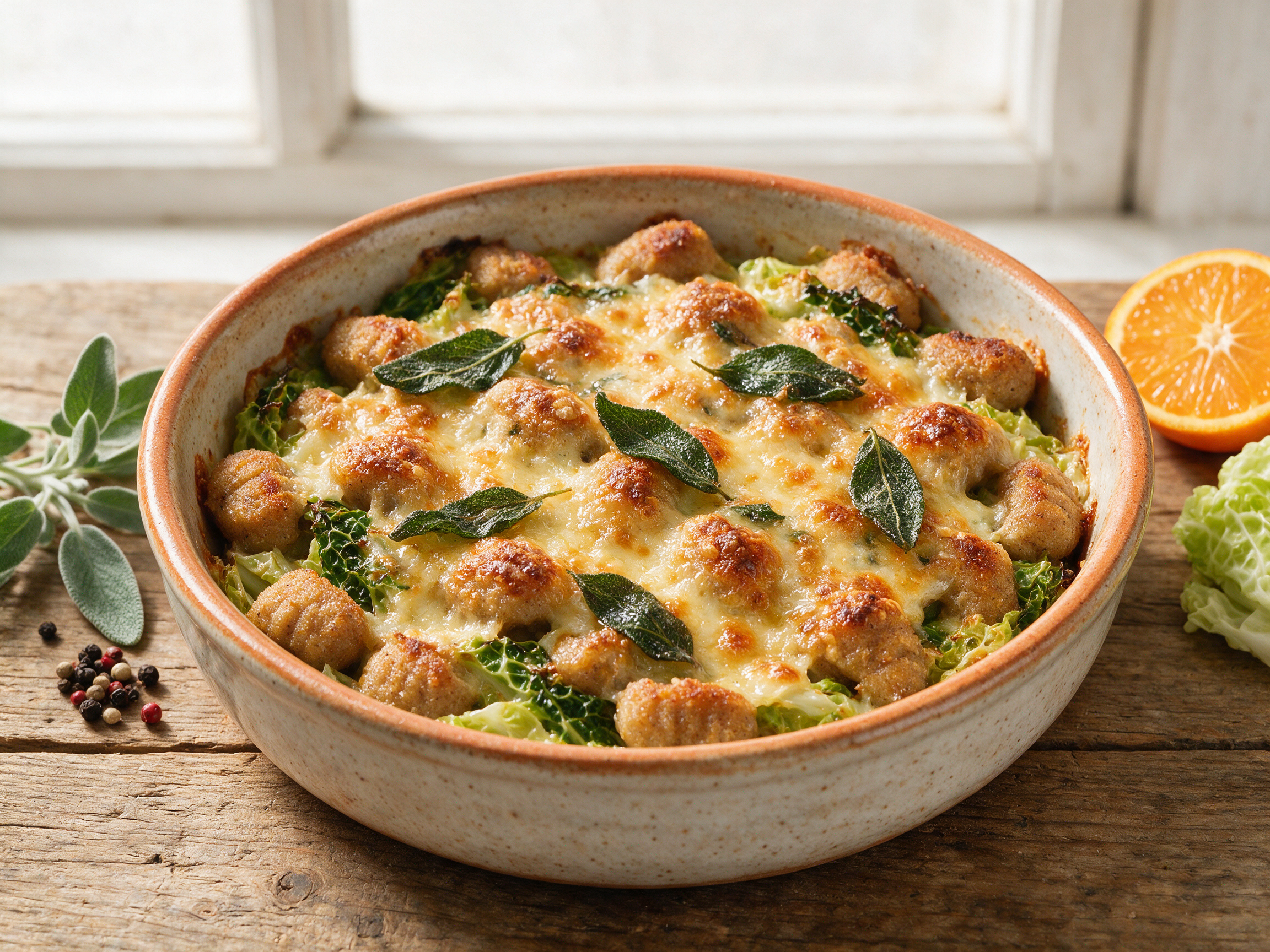 Overhead view of golden-baked gnocchetti della Valchiavenna in a rustic dish with bubbling Casera cheese and cabbage edges