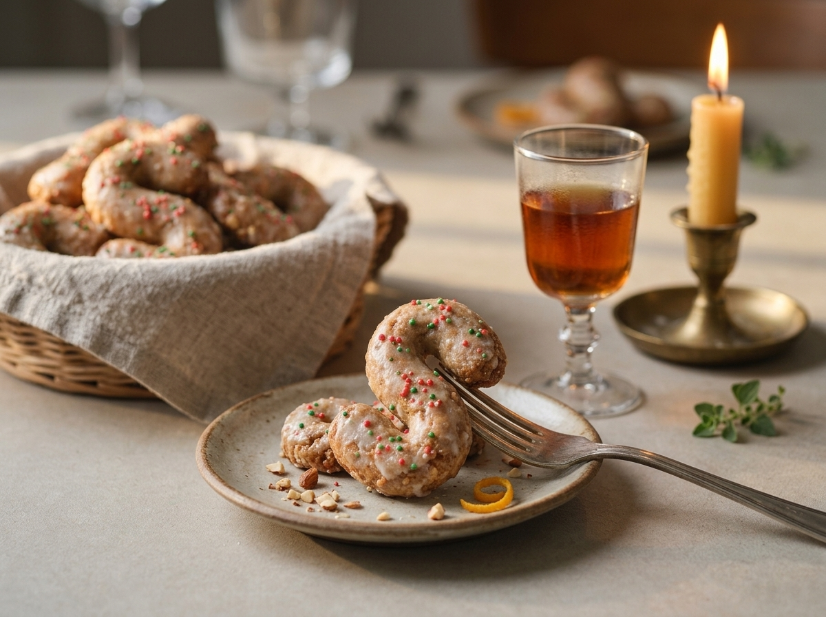 Linen basket of glazed susamielli beside a small glass of vin santo on a rustic table lit by candlelight