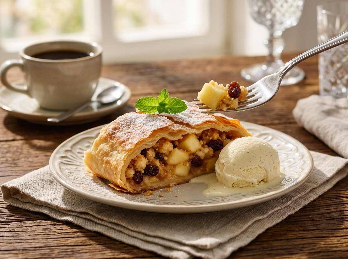 Plated strudel slice with melting vanilla ice cream, linen napkin, and coffee cup set on a wooden table in warm light