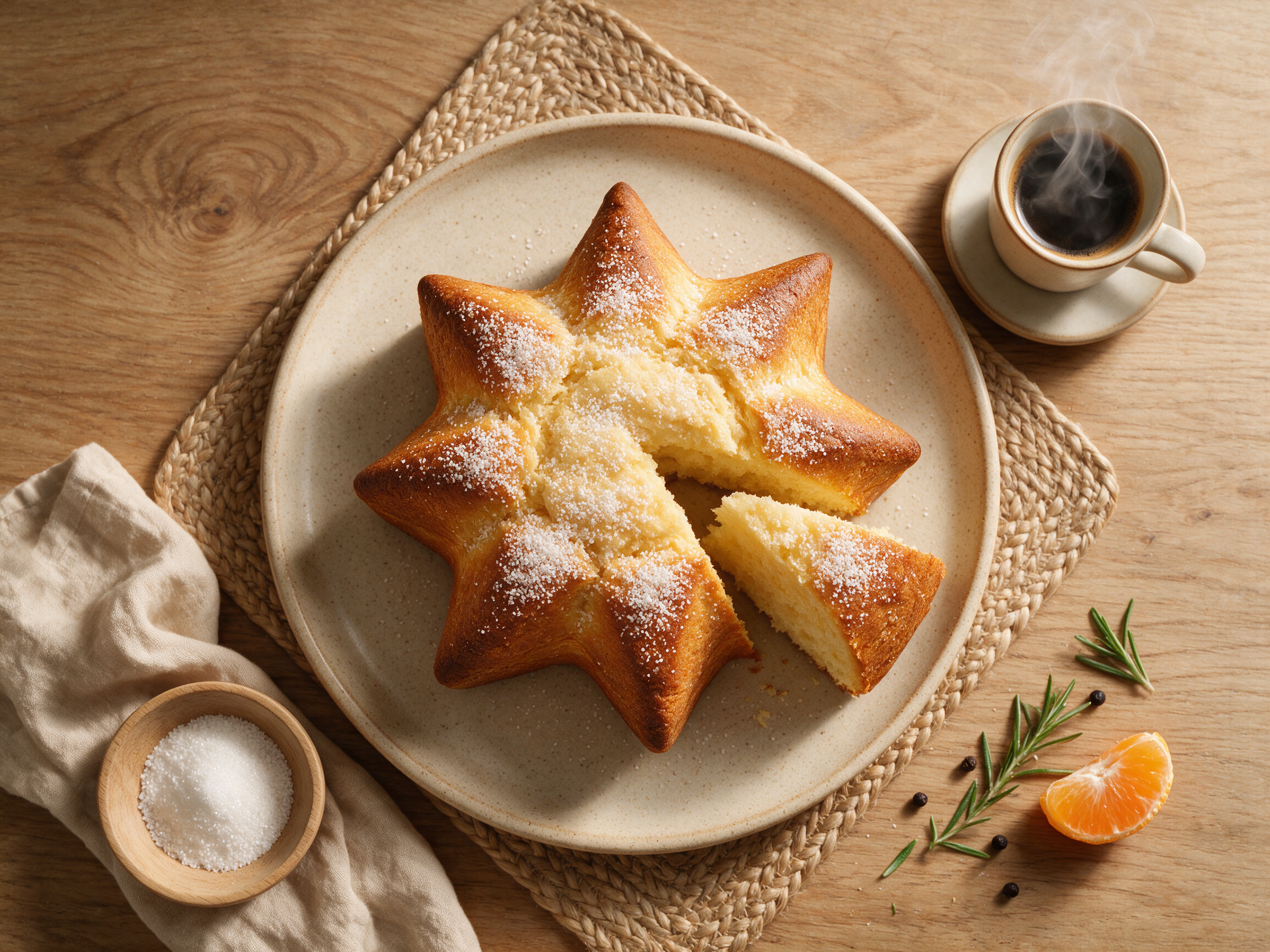 Golden star-shaped Pandoro loaf dusted with vanilla sugar, one wedge sliced away on a wooden board