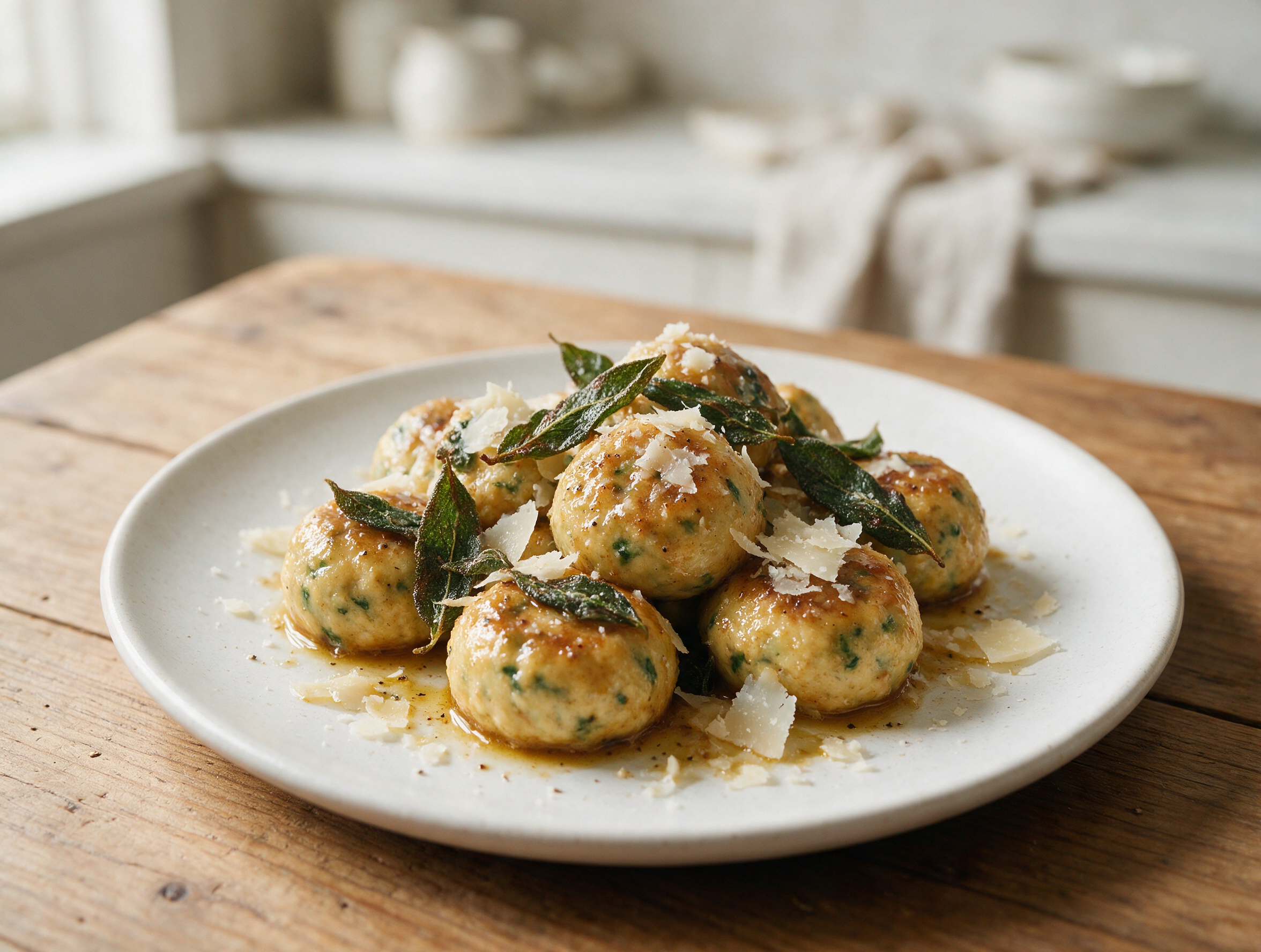 Overhead shot of golden-brown butter-glossed ricotta spinach gnudi on a white plate with crisp sage and grated Parmesan.